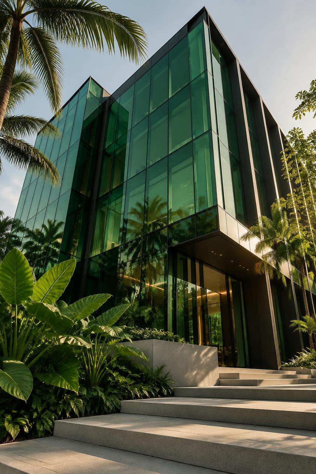 Contemporary green-glass office surrounded by palms